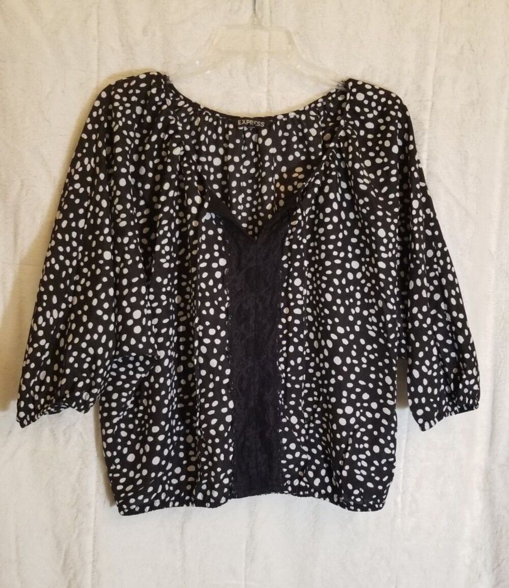 EXPRESS Black & White Top Polka Dot Lace Detail Blouse MEDIUM